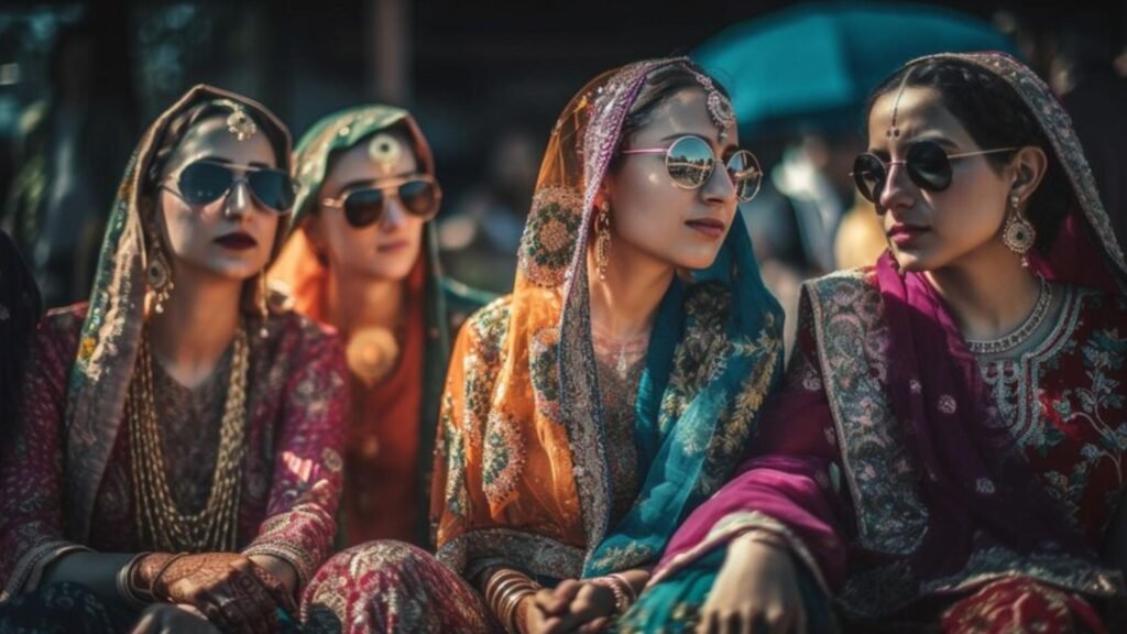 Four girls in Indian clothing wearing sunglasses