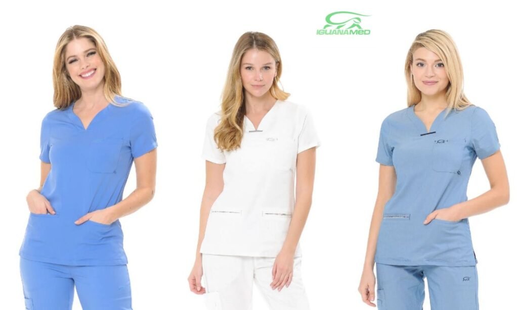 Models wearing Iguanamed's fitted scrubs