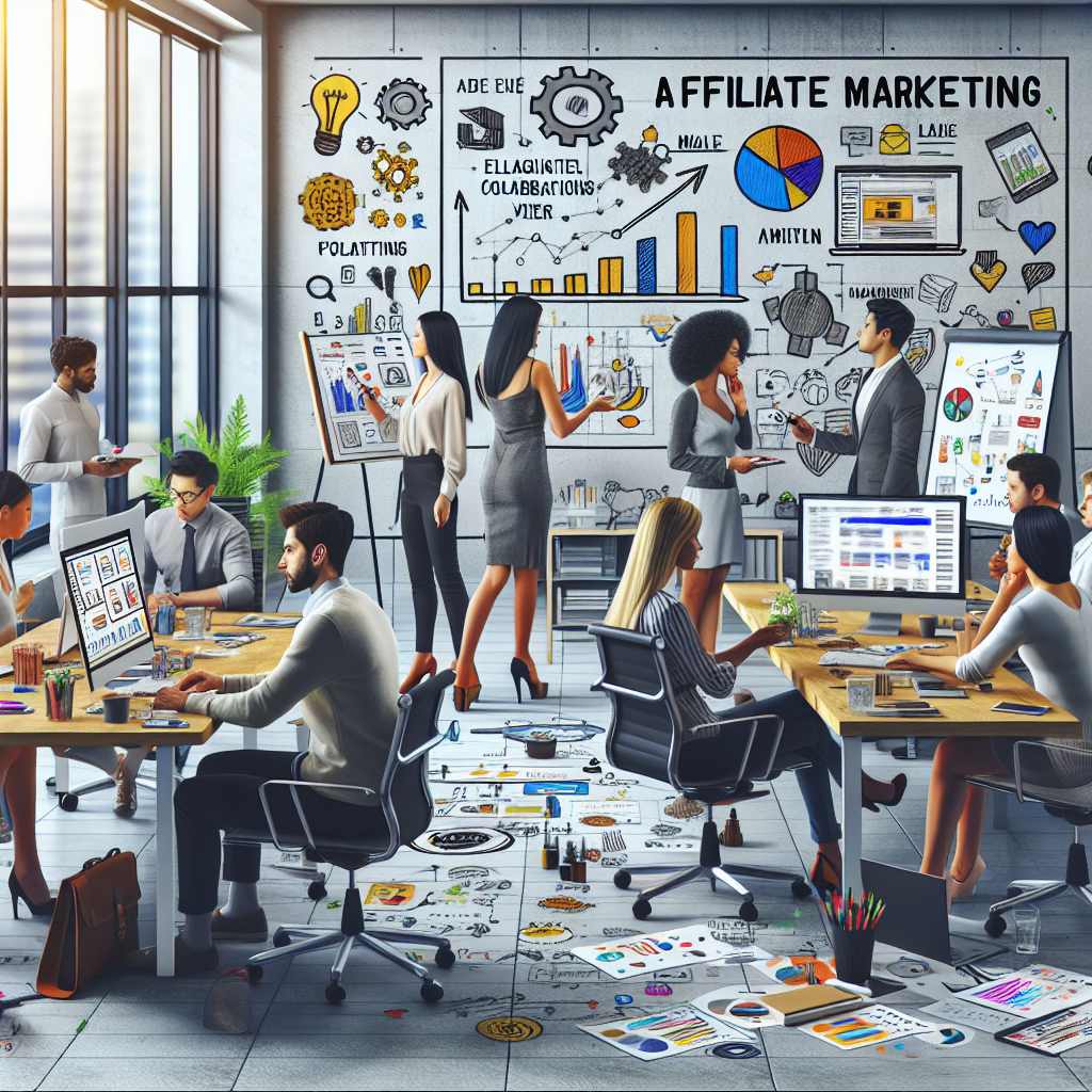 A bustling modern office scene with multiple professionals engaged in various activities related to marketing and design. The room is filled with vibrant graphics representing creative ideas, marketing strategies, and data analytics