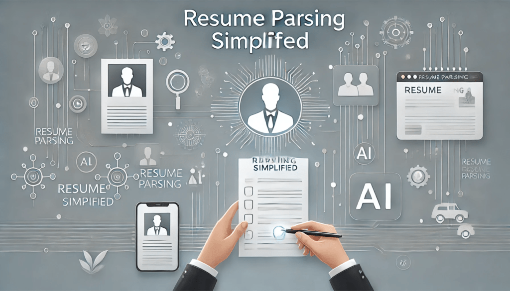 A digital graphic illustration representing resume parsing with interconnected icons such as resumes, magnifying glasses, gears, and AI symbols. Two hands holding and reviewing a document labeled "Resume Parsing Simplified.