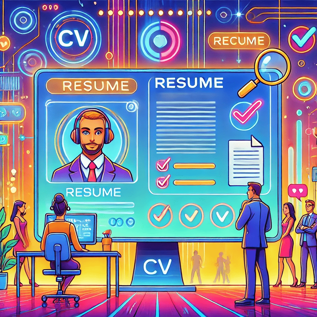 A vibrant, cartoon-style illustration of a futuristic HR environment featuring a digital resume screening interface with icons for CVs, checkmarks, and magnifying glasses, showcasing technology-driven recruitment processes