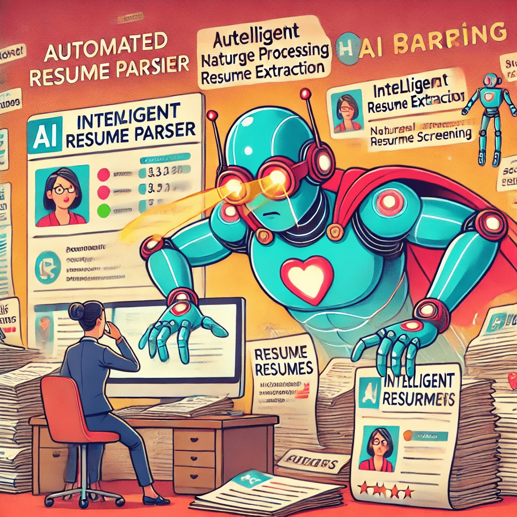 AI Resume Parser in action. A recruiter, overwhelmed by a pile of resumes, is assisted by a superhero-style AI bot that scans and organizes candidate data using advanced Natural Language Processing and Machine Learning. A digital dashboard displays ranked and categorized candidates, highlighting skills, experience, and education. Keywords such as 'Automated CV Parsing,' 'Intelligent Resume Extraction,' and 'AI-driven Candidate Screening' subtly integrated into the background to emphasize AI-powered hiring efficiency.