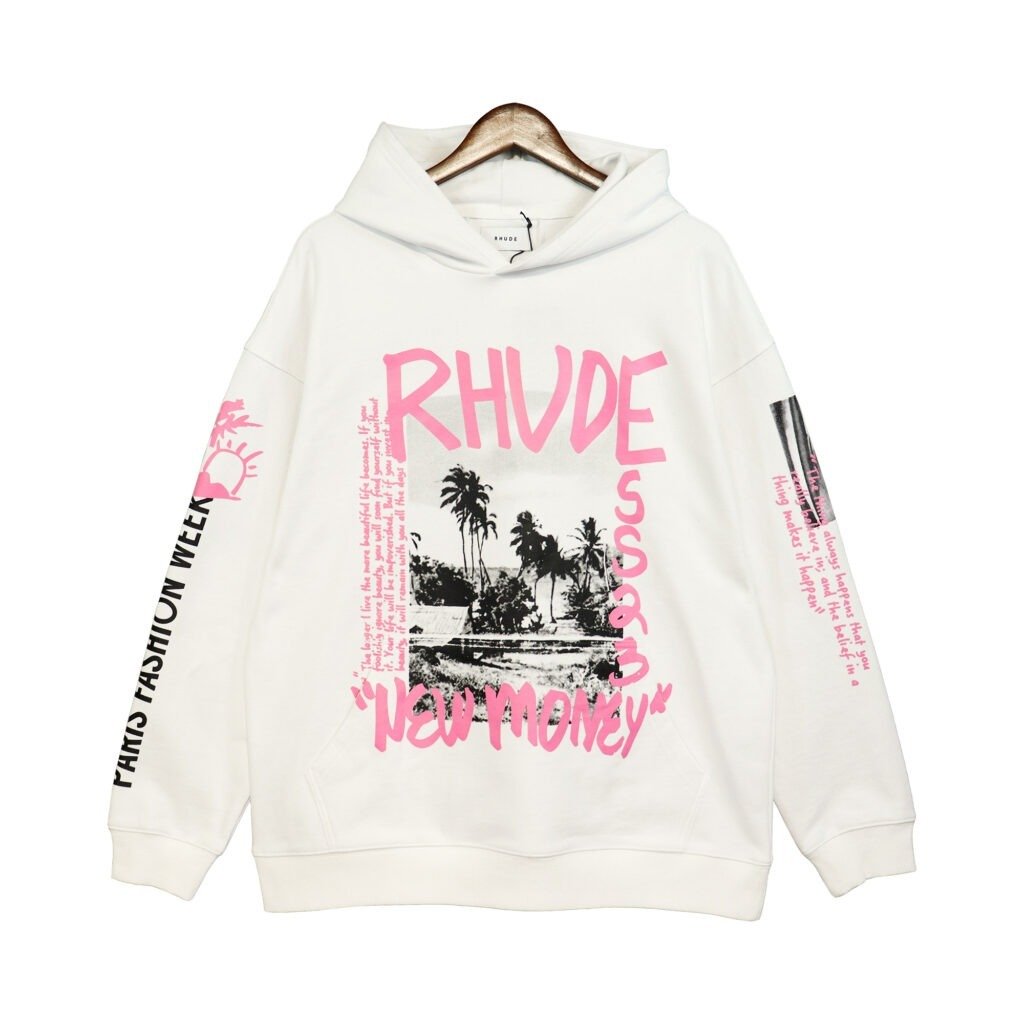 Luxury streetwear Rhude hoodie featuring premium fabric and signature design.