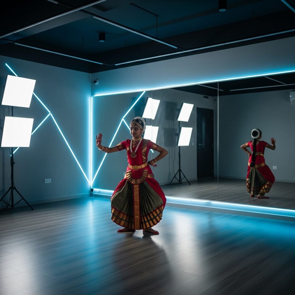 A young woman dressed in traditional Bharatanatyam attire performs a classical dance pose in a modern dance studio with mirrored walls and bright lighting equipment. Neon blue accent lights line the walls, and her reflection is visible in the mirror behind her.