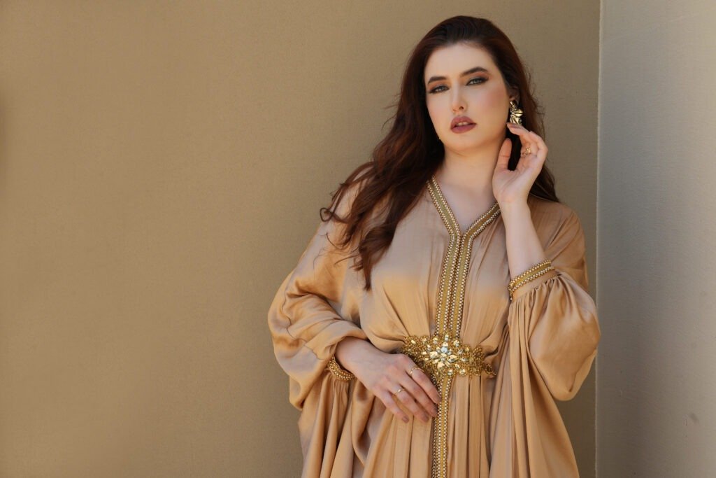 Luxury Pure Silk Kaftan with Pearls Lace & Motif Detailing
