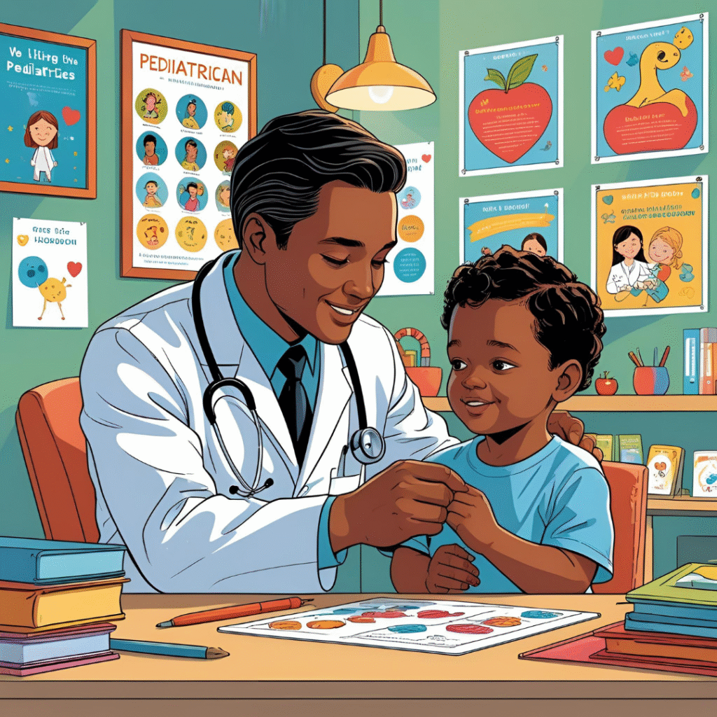 A smiling pediatrician using a stethoscope to examine a cheerful young boy in a colorful clinic filled with educational posters and children's books.