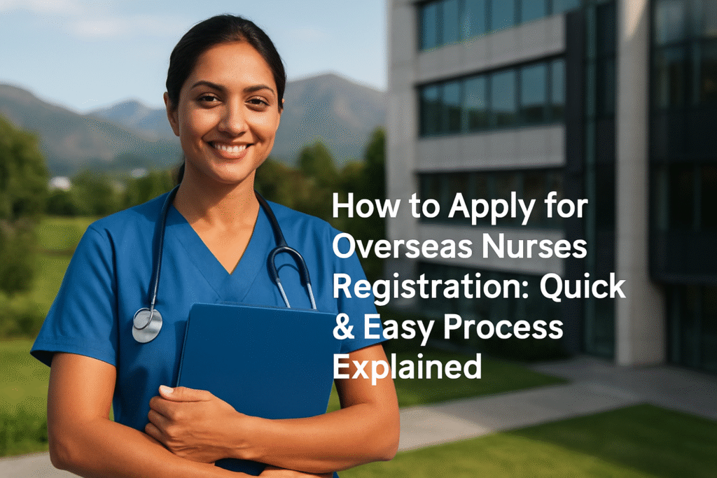 Smiling overseas nurse in blue scrubs holding a clipboard, standing outside a modern building in New Zealand with text about overseas nurses registration
